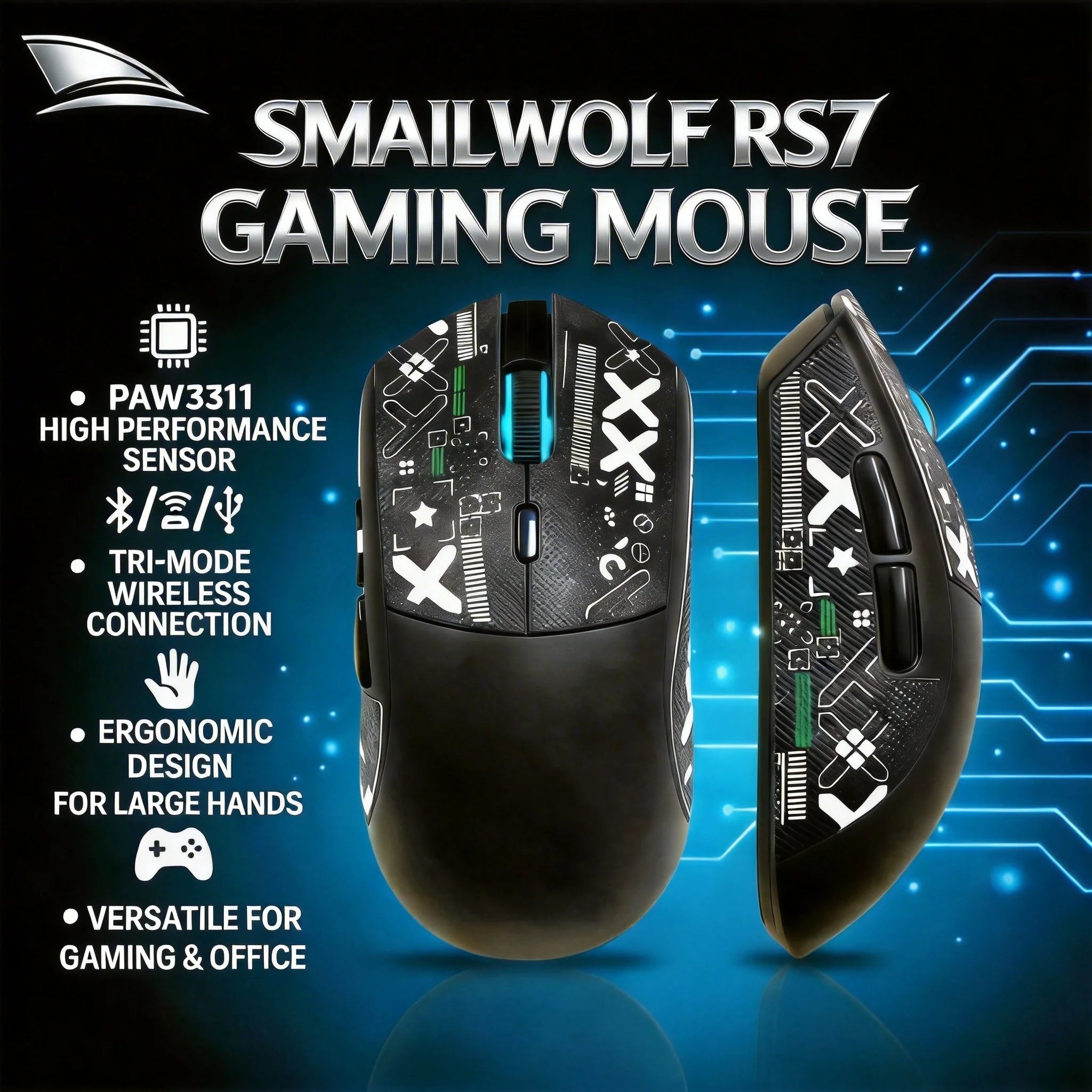 SMAILWOLF RS7 Bluetooth Wireless Mouse Three-Mode Gaming Notebook Desktop Computer Gaming PAW3311 Suitable for Big Hands