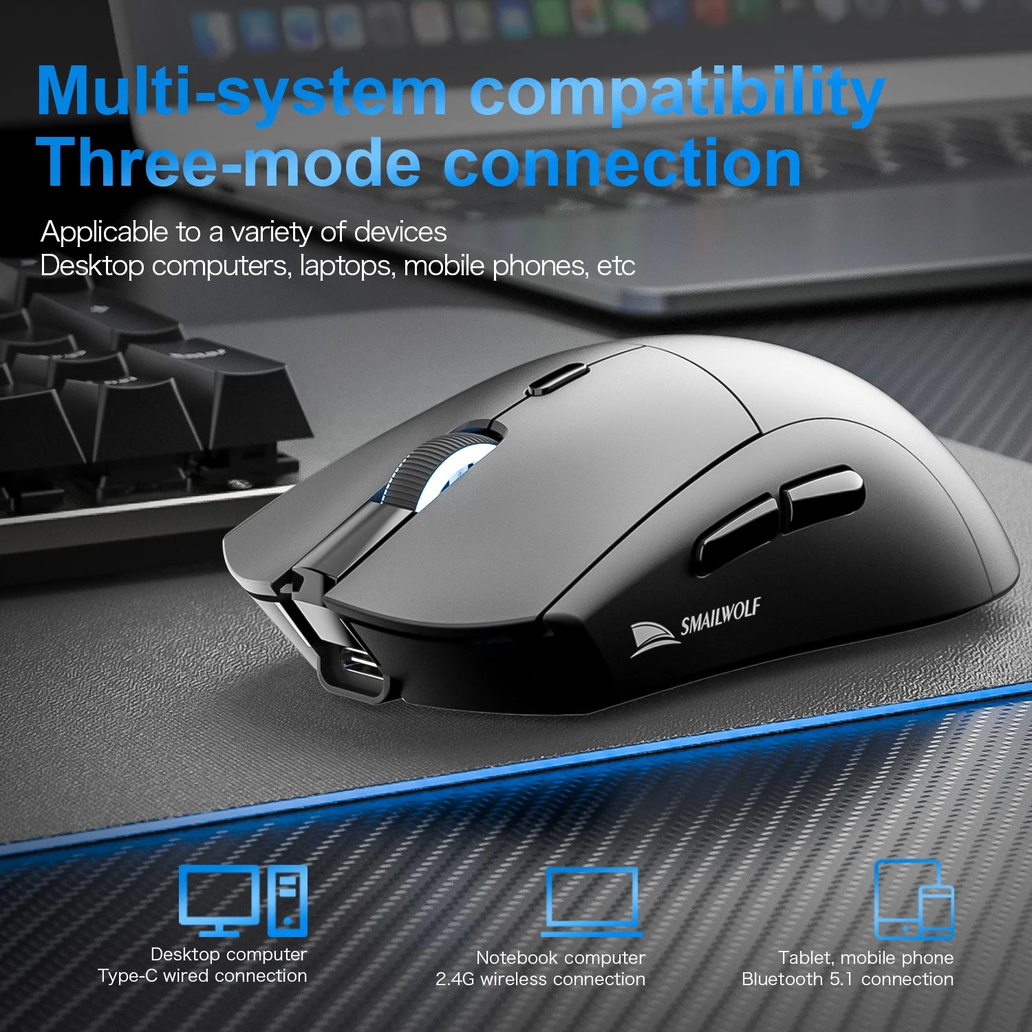 SMAILWOLF RS7 Bluetooth Wireless Mouse Three-Mode Gaming Notebook Desktop Computer Gaming PAW3311 Suitable for Big Hands